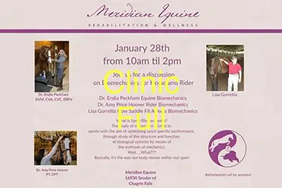 A flyer for meridian equine 's equestrian event.